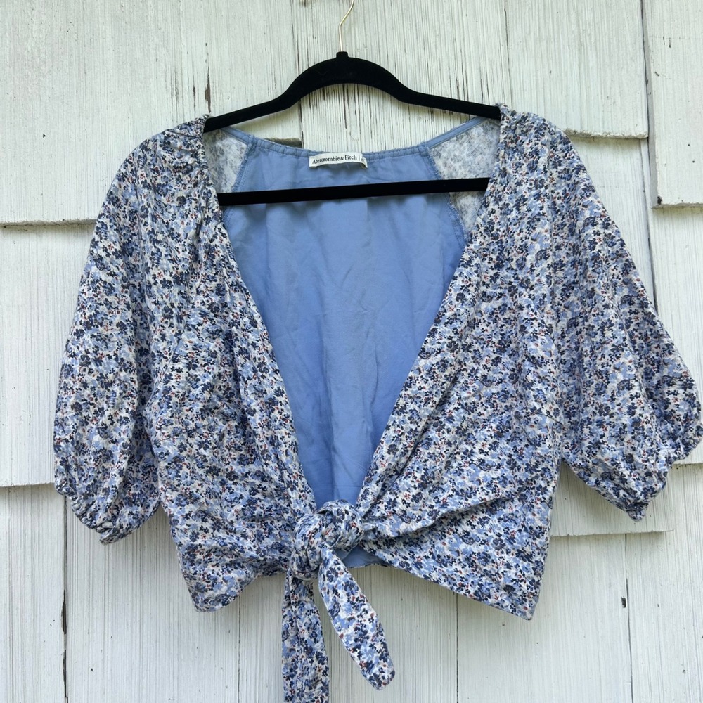Abercrombie & Fitch Blue Floral Linen Blend Tie Front Puff Sleeve Crop Top M - Picture 2 of 7